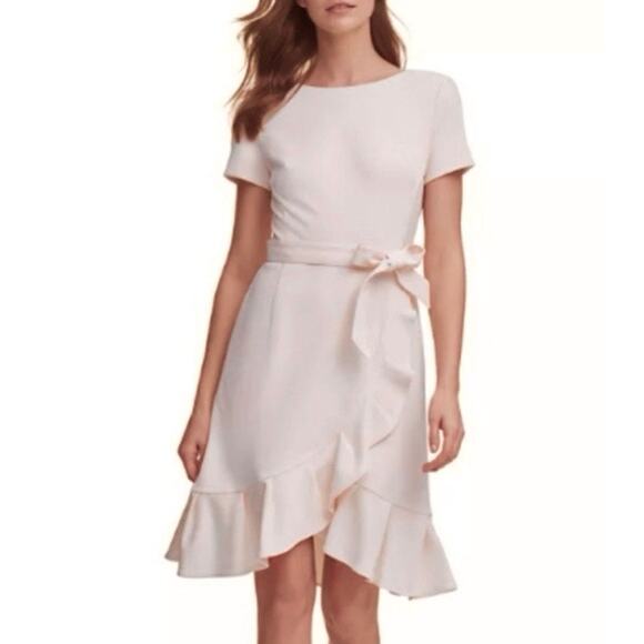Calvin Klein Dresses & Skirts - Calvin Klein Size 8 Pale Blush  Pink Ruffled Tulip Hem Crepe Dress Tie Waist